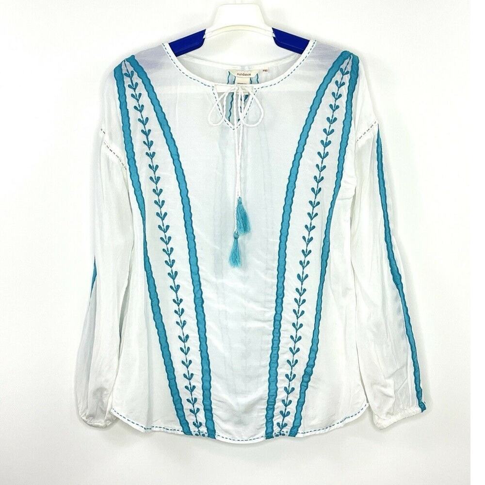 Sundance Embroidered Blouse Petite Size PXS Keyhole Tie Neck Bohemian SEE DESC.